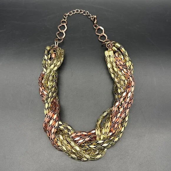 Vintage Braided Chain Necklace Copper Gold Tone Metal Multple Strands 1980s Glam - Picture 3 of 8